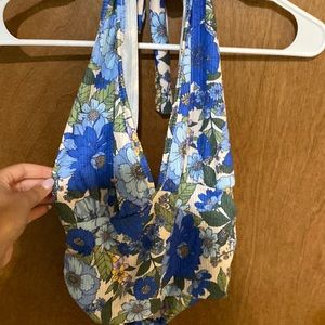 NEVER BEEN WORN. BLUE AND GREEN FLORAL HALTER TIE TOP
